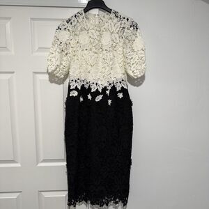 Lela Rose Two-Tone Floral Ivory Black Lace Cocktail Midi Dress Size 10